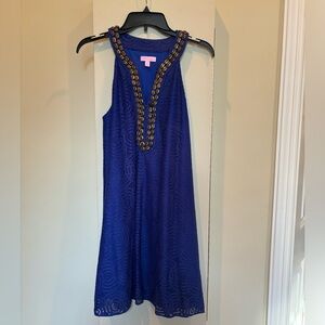 Lilly Pulitzer Blue Lace Shift Dress with Gold Shell Neckline